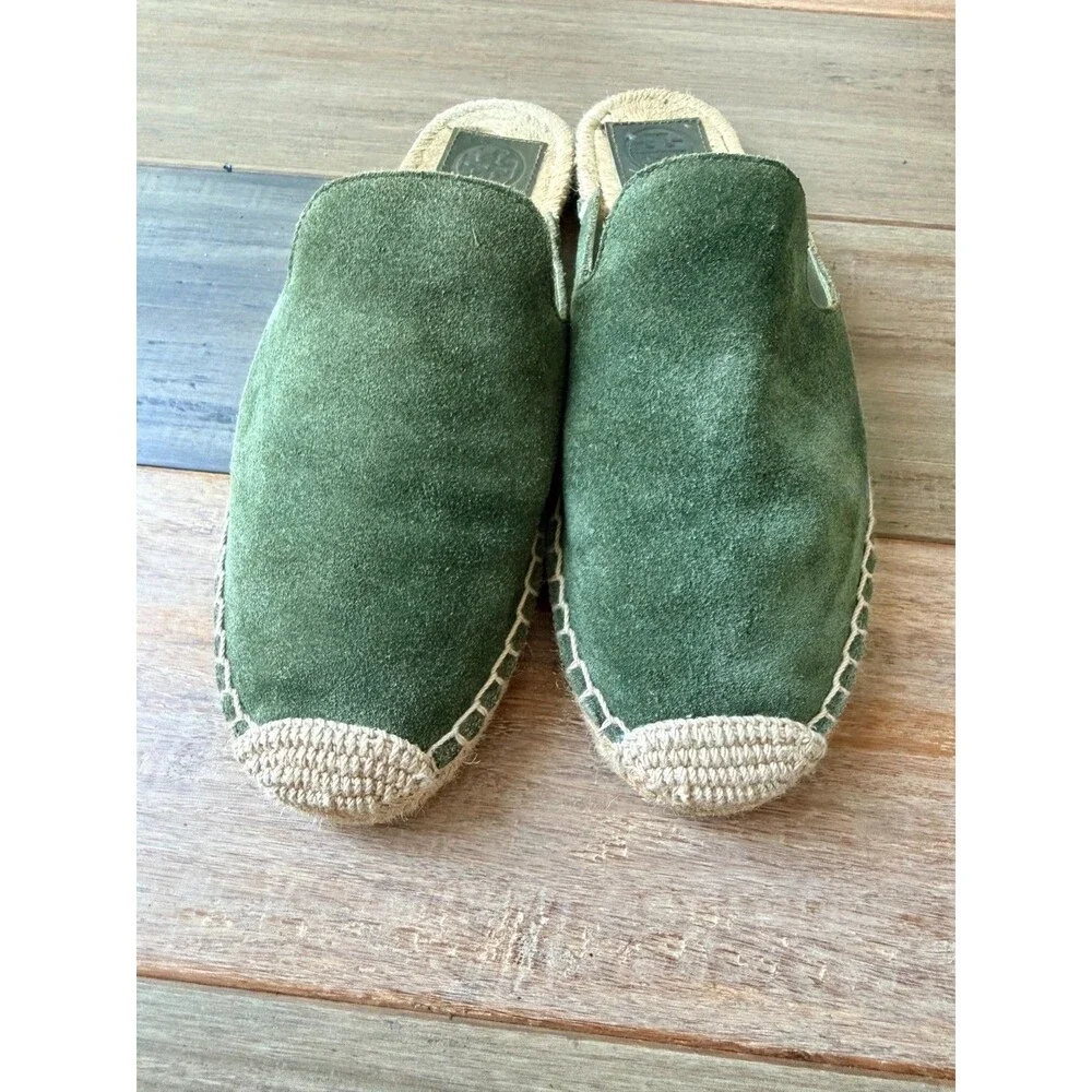 Tory Burch Olive Green Suede Espadrille Mules Slide Sandals Flat Shoes Size 8